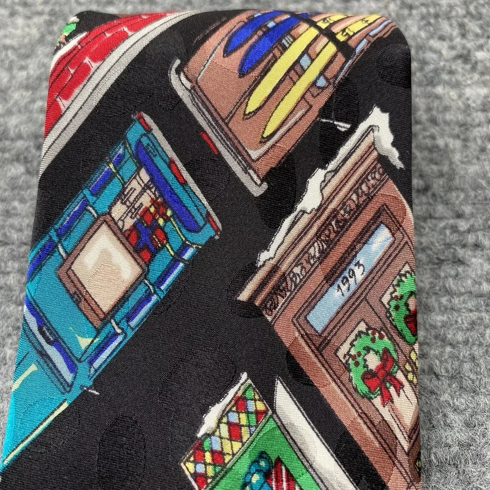 Nicole Miller Vintage 90s Silk Neck Tie Christmas Windows Holiday 1993